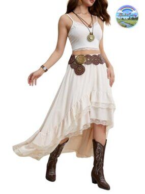 Western Cowgirl Boho Lace A-Line Skirt Country Concert Flowy Outfit